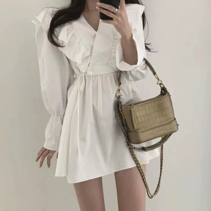 Mini Dress Women Elegant White Black Korean Fashion Long Sleeves Chic Summer Spring Fairy Party Birthday Dresses for Women 2022