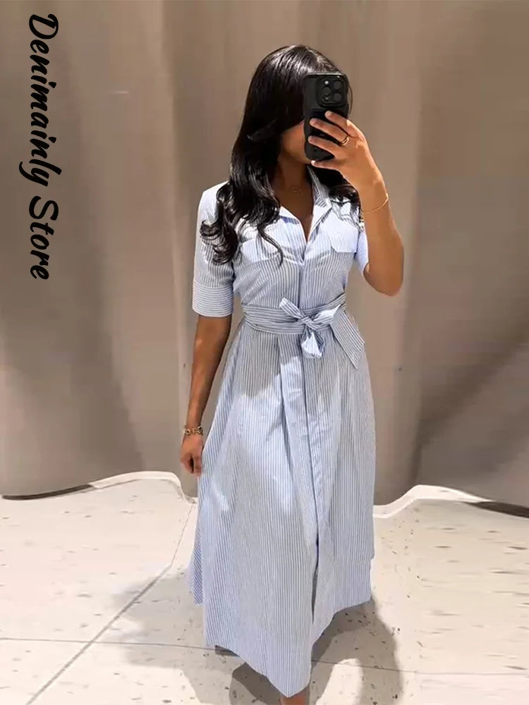 Robe Chemise Femme Rayée – Robe Longue Élégante Taille Marquée avec Ceinture