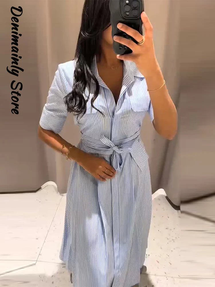 Robe Chemise Femme Rayée – Robe Longue Élégante Taille Marquée avec Ceinture