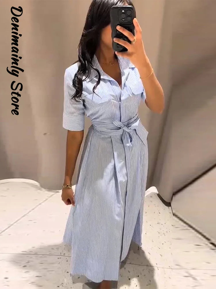 Robe Chemise Femme Rayée – Robe Longue Élégante Taille Marquée avec Ceinture