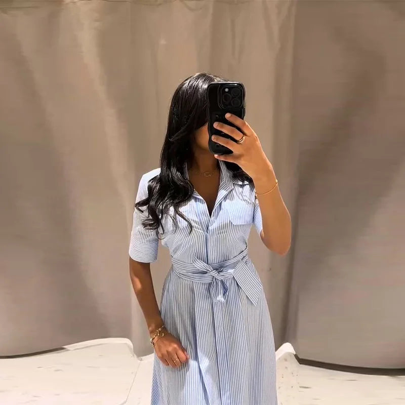 Robe Chemise Femme Rayée – Robe Longue Élégante Taille Marquée avec Ceinture