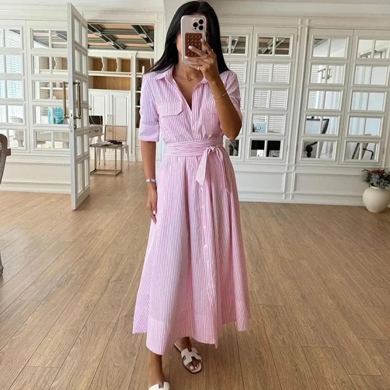Robe Chemise Femme Rayée – Robe Longue Élégante Taille Marquée avec Ceinture