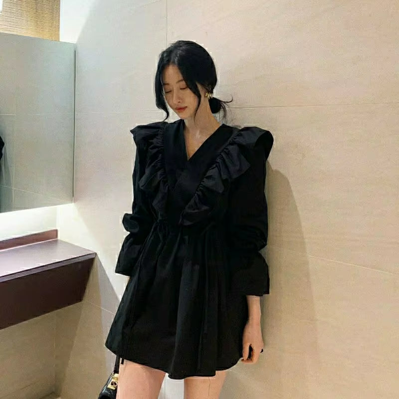 Mini Dress Women Elegant White Black Korean Fashion Long Sleeves Chic Summer Spring Fairy Party Birthday Dresses for Women 2022