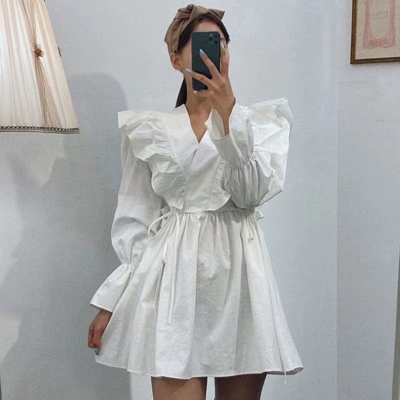 Mini Dress Women Elegant White Black Korean Fashion Long Sleeves Chic Summer Spring Fairy Party Birthday Dresses for Women 2022